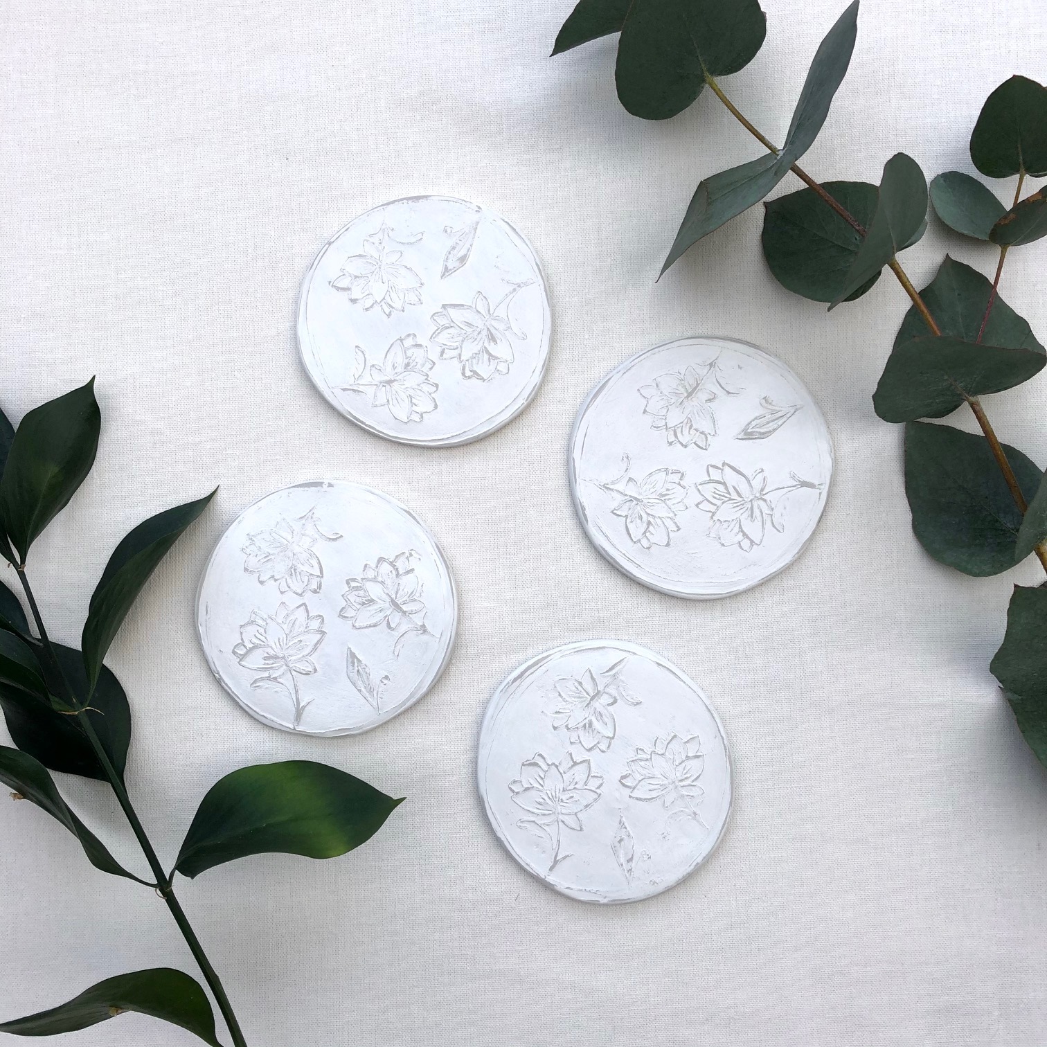 Floral Clay Coasters in White (Set of 4)